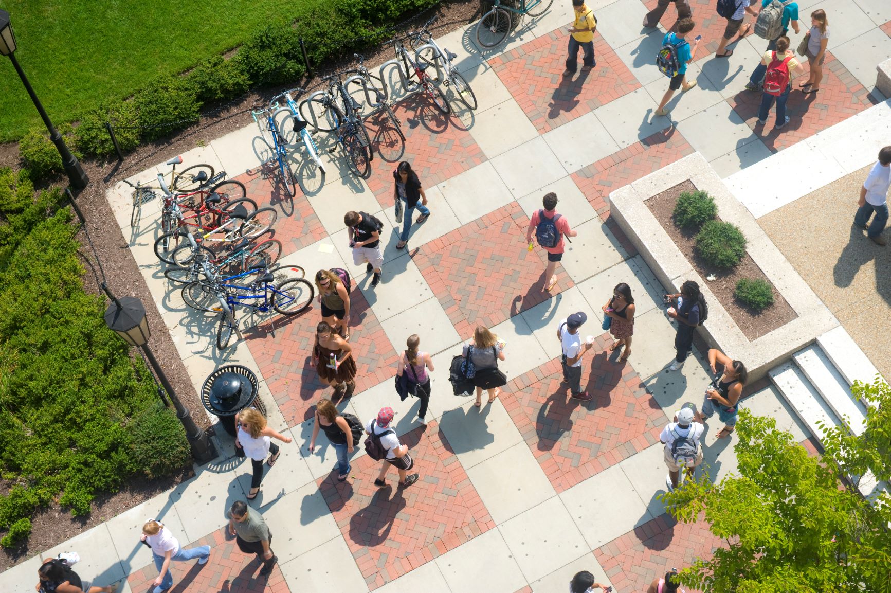 Aerial view of students walking on sidewalk