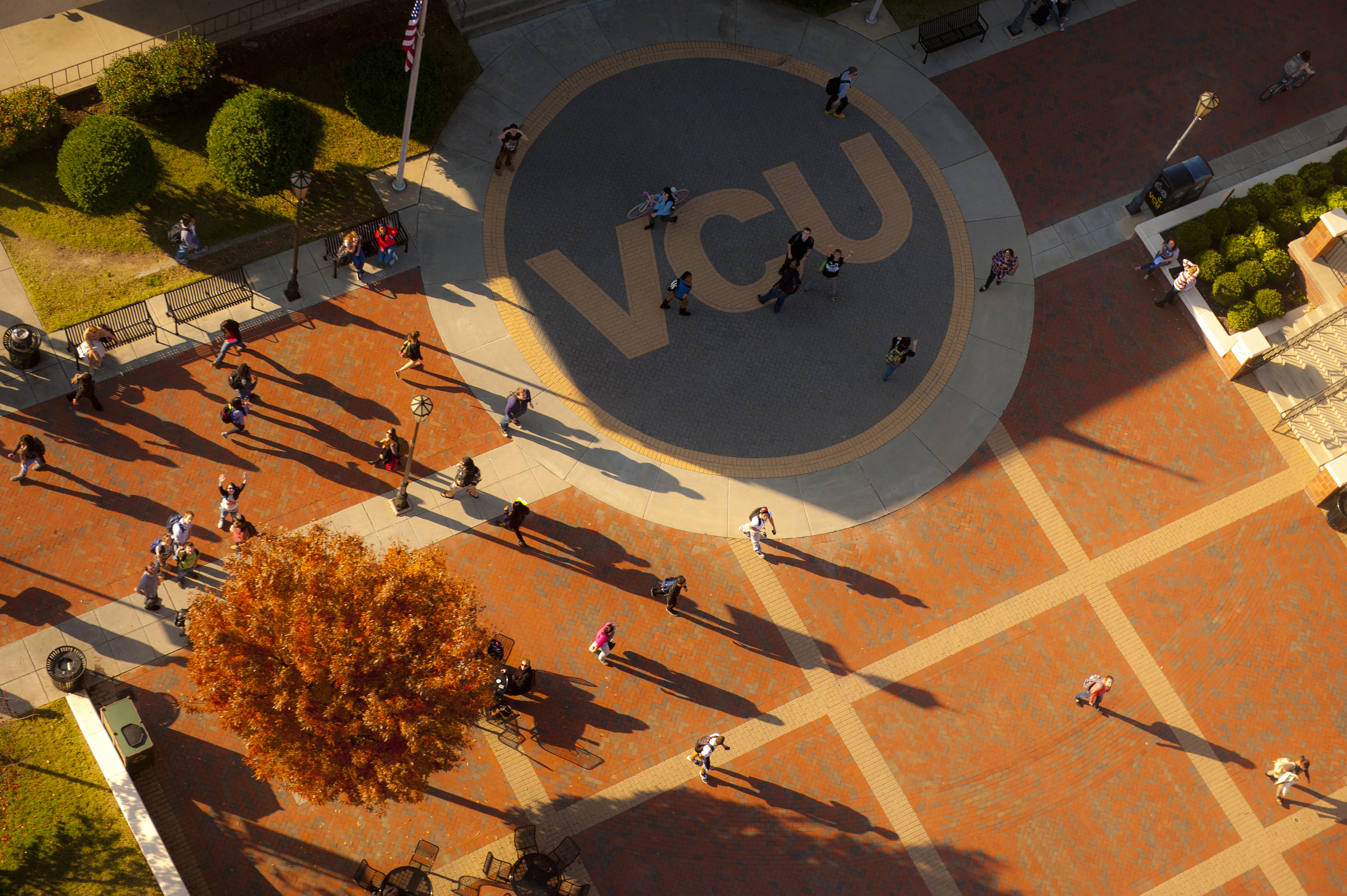 Aerial view of VCU Compass and people