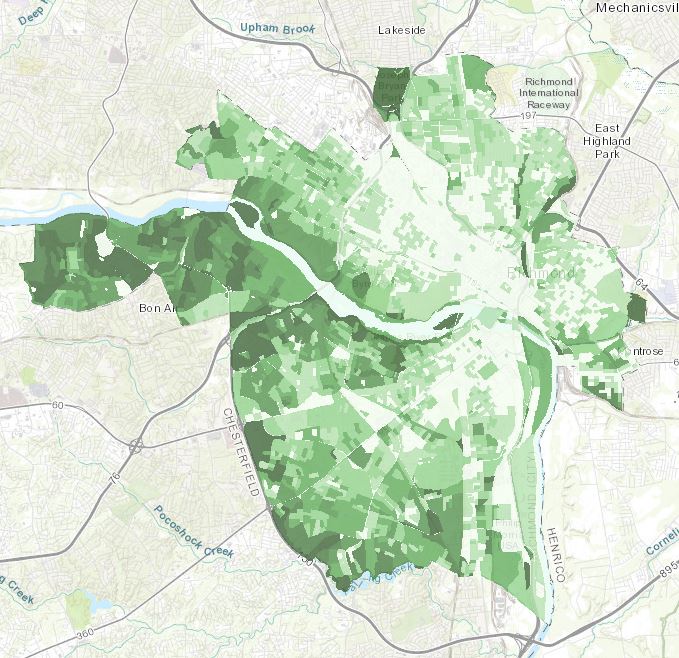GIS overlay of density of urban canopy in Richmond city, Virginia neighborhoods